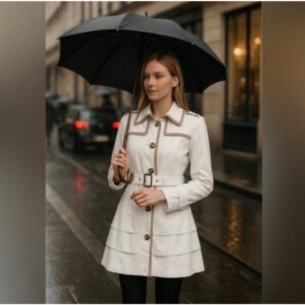 GUESS White & Beige Raincoat Trench Coat Belt Snaps M